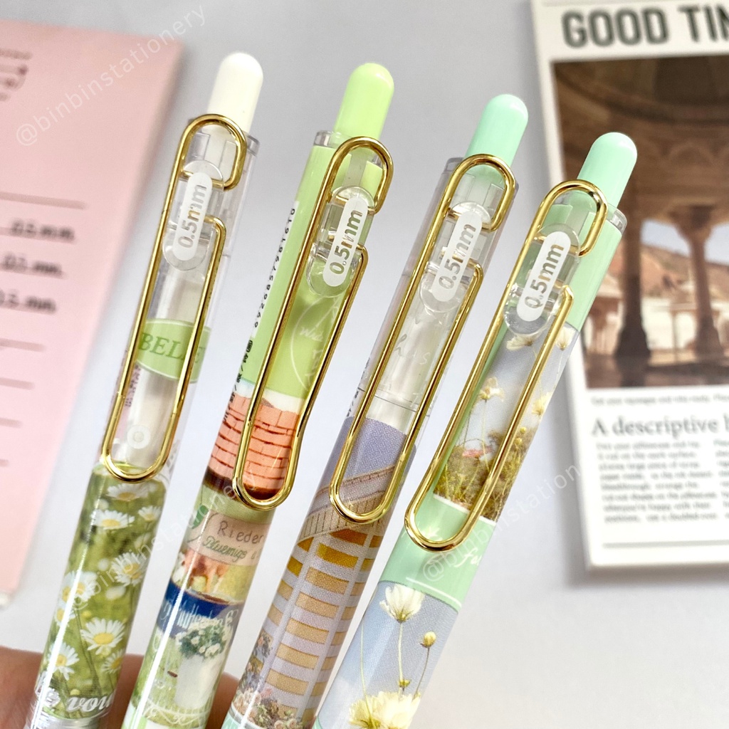 Bút bấm MURA Green Garden phong cách hoa mùa xuân, mắc cài ánh kim, mực đen, ngòi 0.5mm BMR-8161