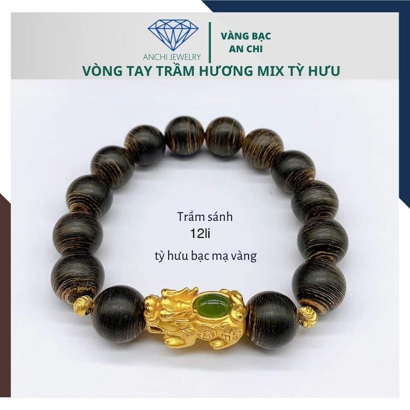 Vòng tay trầm hương nam hạt to mix tỳ hưu bạc mạ vàng, Anchi jewelry