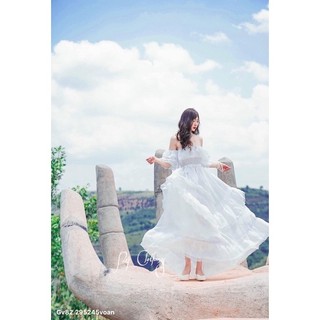 gv82- đầm maxi voan bẹt vai, màu trắng