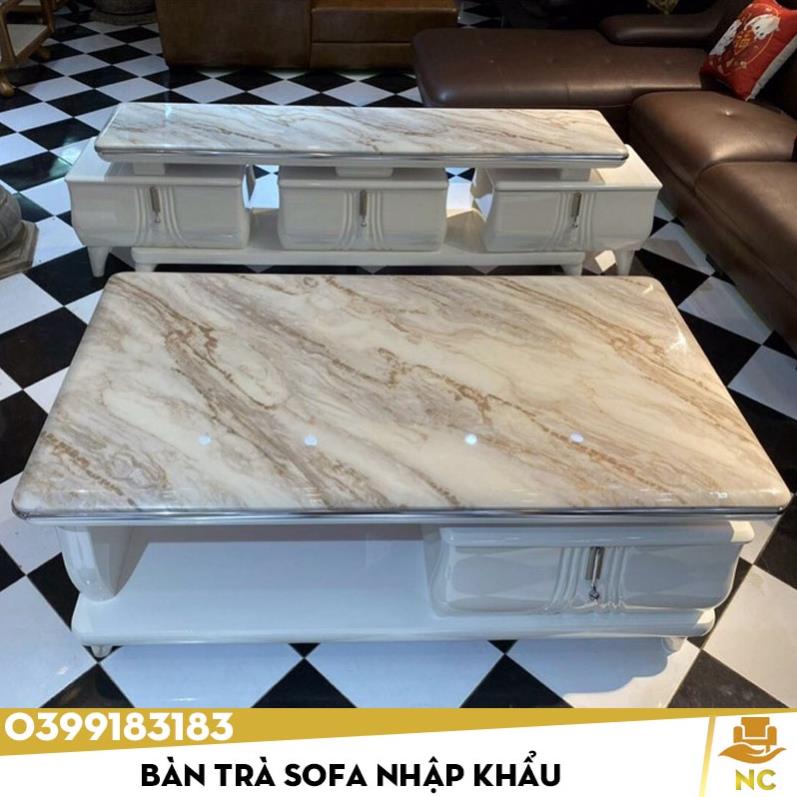 Combo bàn trà+ kệ tivi nhập khẩu mặt đá dày trắng vân cực đỉnh - Cao cấp