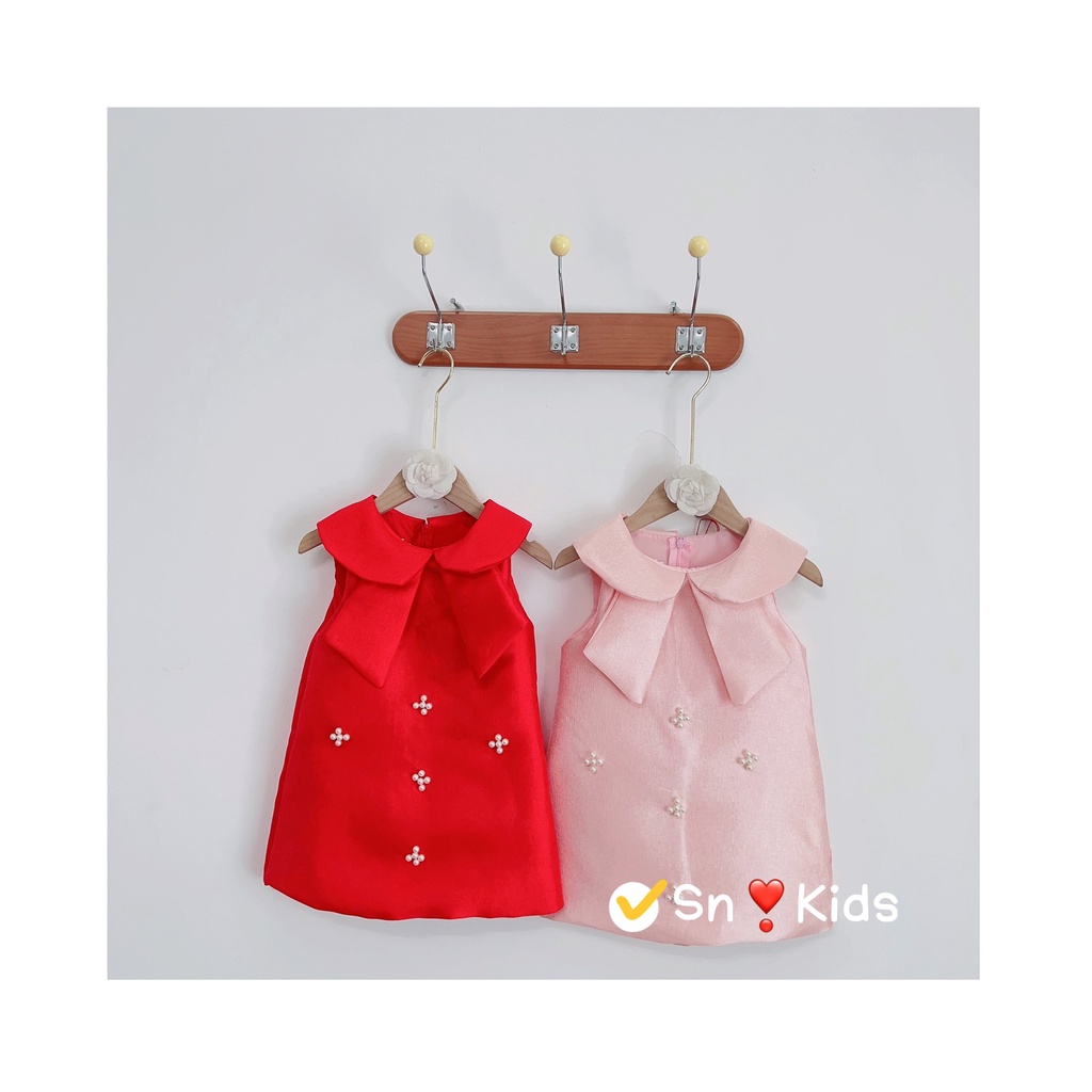 Váy cho bé gái, đầm tacta nhũ đính ngọc cổ sen 2 màu hồng- đỏ cho bé 10-30kg