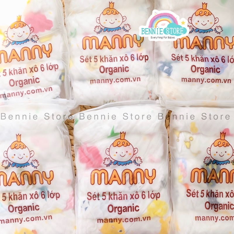 Set 5 khăn xô organic Manny 6 lớp cho bé nhiều hoạ tiết