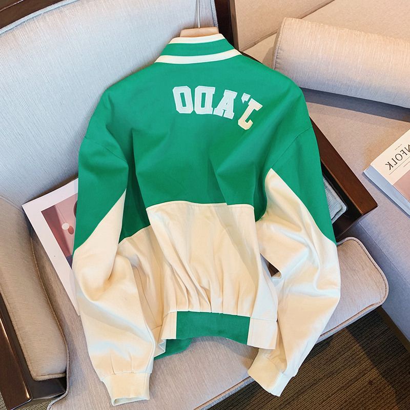 Áo Khoác Bóng Chày Thêu Chữ Màu Sắc Tương Phản Phong Cách Retro Mỹ