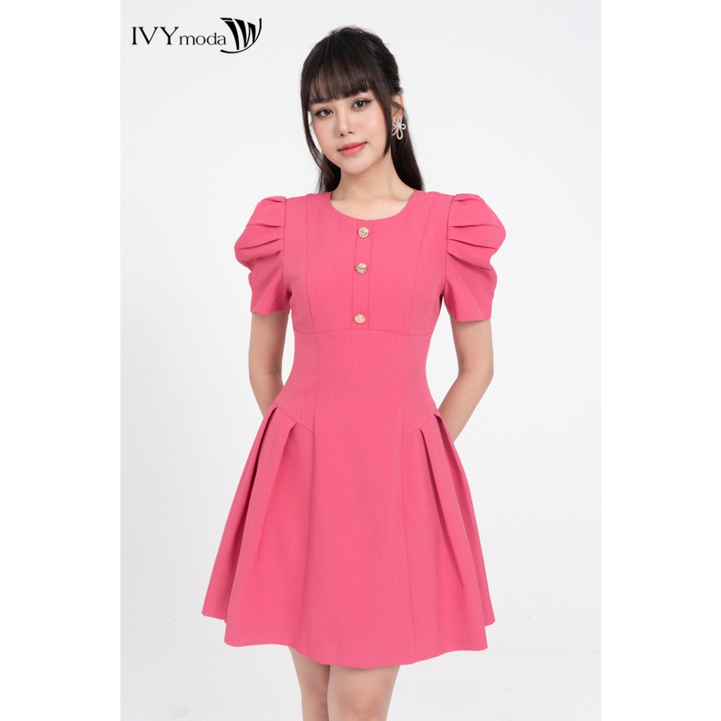 Đầm xòe tay xếp ly phồng nữ IVY moda MS 48M8176