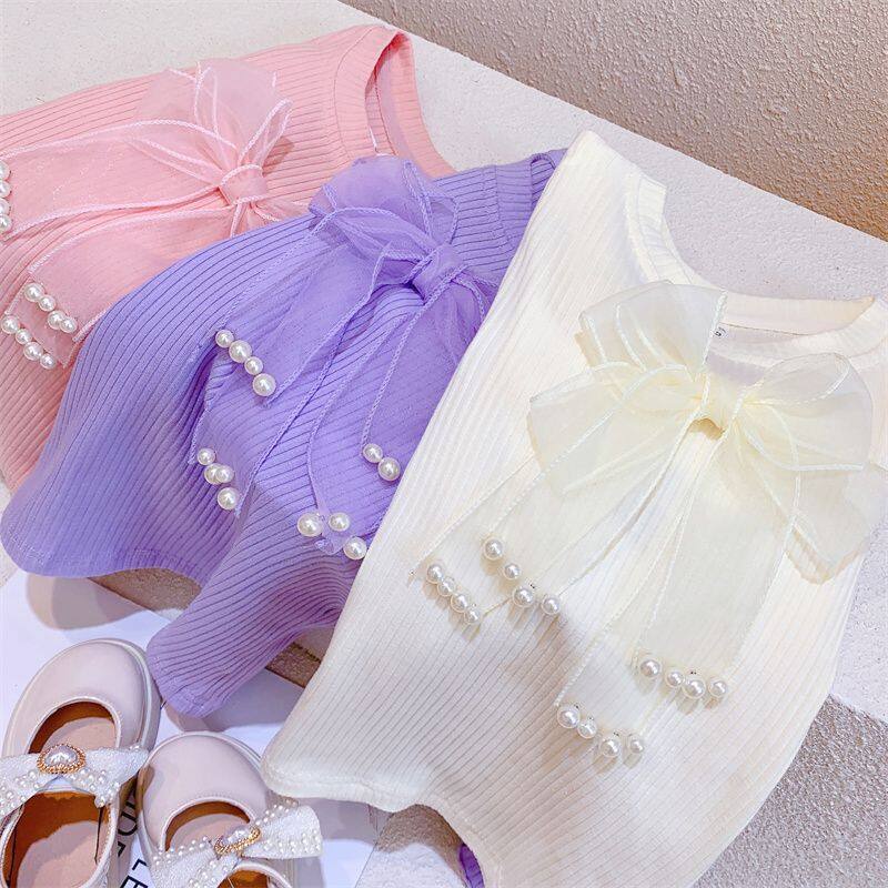 Áo Thun Tay Dài Dệt Kim Màu Trơn Đính Nơ Thời Trang Xuân Thu Xinh Xắn Cho Bé Gái 3-7 Tuổi