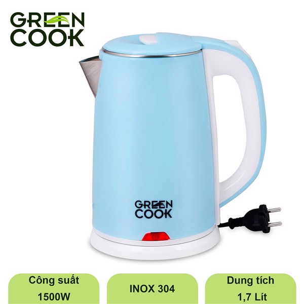 Bình đun inox 304 cao cấp Green Cook GCEK-17S15D 2 lớp chống bỏng 1,7L - Hàng chính hãng