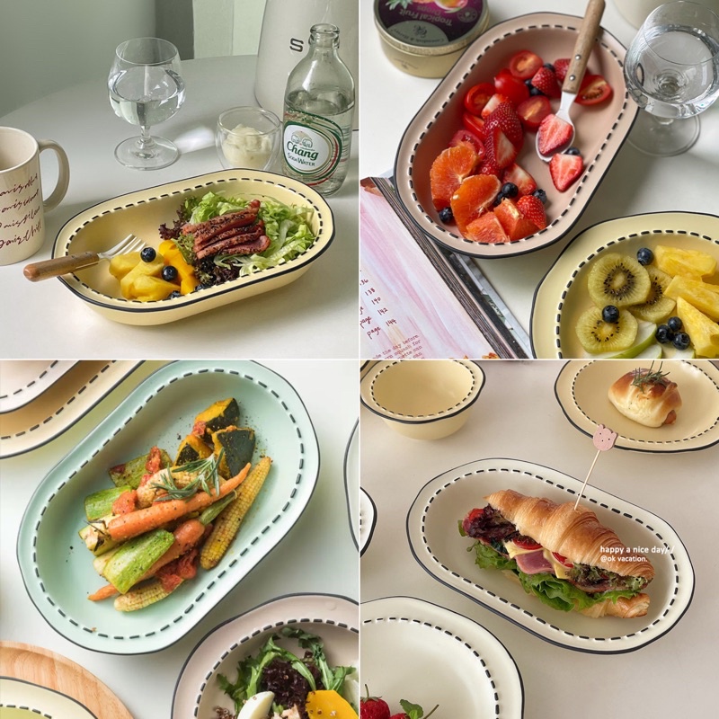 Bộ bát đĩa viền nét đứt, bộ bát đĩa pastel, bát đĩa decor