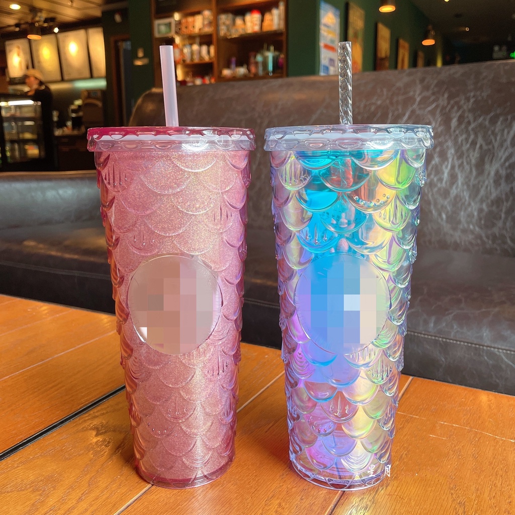 Hàng Có Sẵn Cốc Vảy Cá Starbucks Cốc Ống Hút Nhựa 710Ml Cốc Nước Làm Mát Hai Lớp
