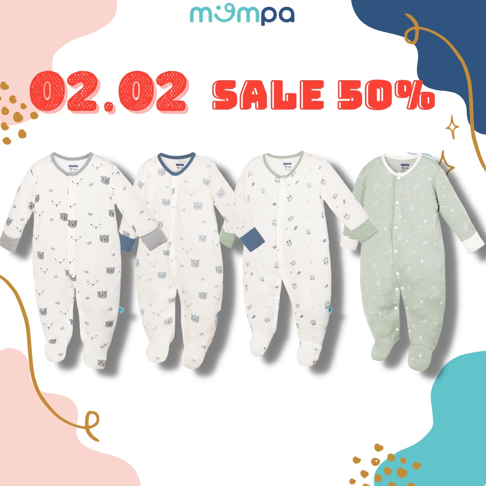 Bộ Bodysuit chùm chân liền thân Mompa 0-9 tháng vải sợi tre co giãn cúc giữa mềm mịn 311