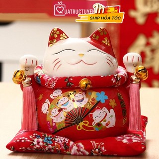 Mèo thần tài đỏ 21cm Phát đại bội thu/ Tấn tài tấn lộc gốm sứ