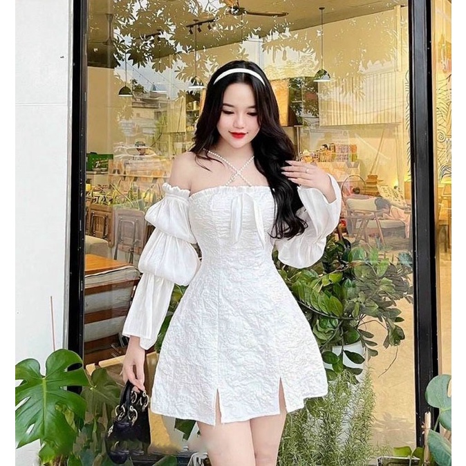 Đầm Nữ ôm eo dáng xòe trễ vai tay dài phồng thích hợp đi tiệc