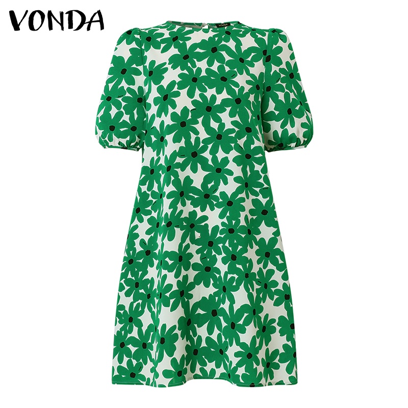 Đầm chữ A VONDA tay ngắn phồng cổ tròn in họa tiết hoa phong cách Hàn Quốc cho nữ