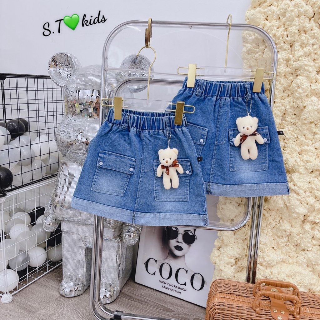Chân váy jean tặng kèm gấu cho be gái 12-25kg, chân váy bò cho bé gái