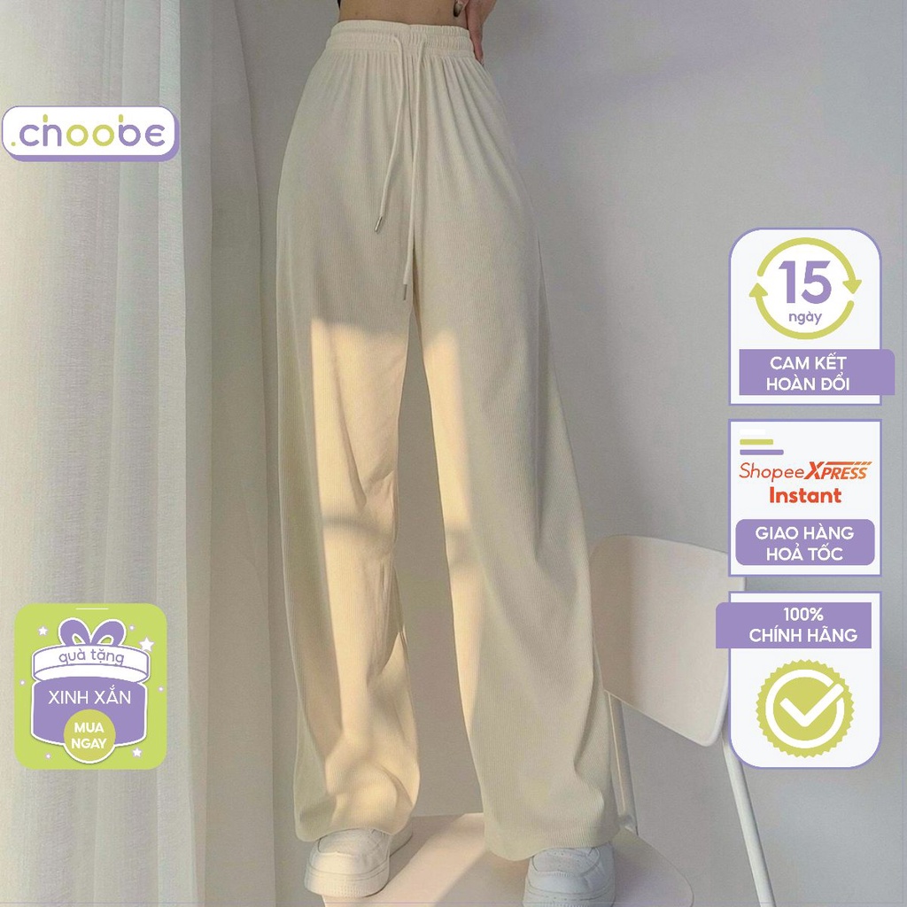 Quần ống rộng nữ Choobe vải gân tăm cạp cao co giãn kiểu culottes dáng thụng mềm mại Q48