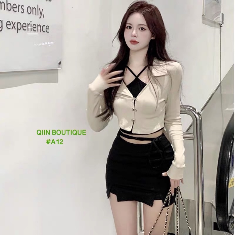 Set Áo Croptop Tay Dài Cổ Bẻ + Áo Dây Chéo Thời Trang Quyến Rũ #A12