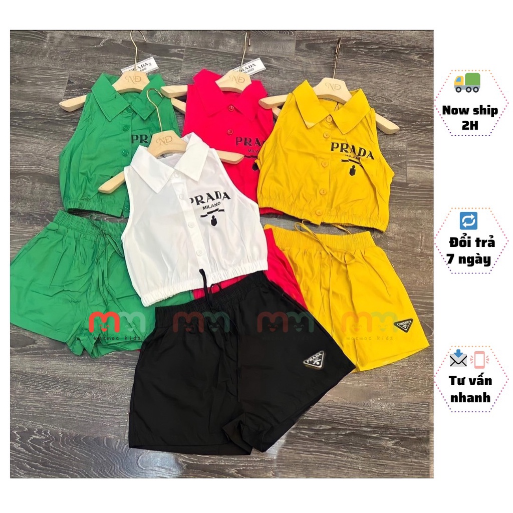 Set đồ bé gái áo sơ mi sát nách bo lai thun phối quần short chất kaki nhập mềm nhịn nhẹ cho bé 22kg đến 36kg