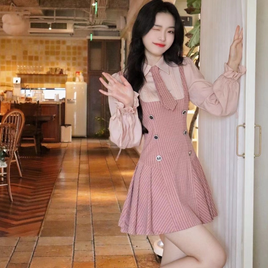 Set Áo Sơ Mi Tay Dài Giả Hai Lớp Phối Chân Váy Ngắn Họa Tiết Sọc Caro Thời Trang Thu Đông Mới
