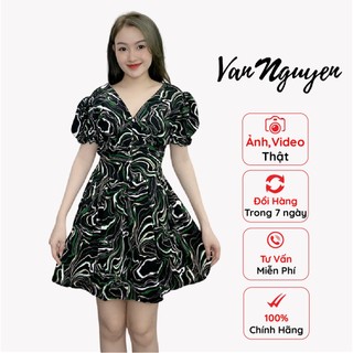 Đầm nhấn eo cổ xẻ tay phồng chất liệu vải mango cao cấp vân nguyễn