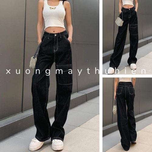 Quần jean nam nữ cạp cao dập chỉ nổi cá tính xuongmaythuhien