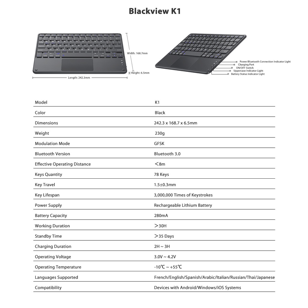 Bàn Phím Bluetooth Không Dây Blackview Cho Tablet, PC, Di Động Và Laptop Với Tất Cả Các Thiết Bị Hệ Thống Windows, Android Và IOS | BigBuy360 - bigbuy360.vn