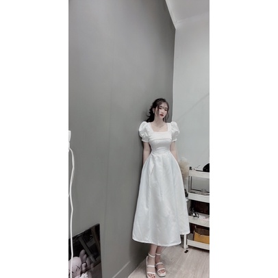 Váy nữ xoè cưới dự tiệc tay phồng ngực viền ngọc màu trắng đen chất lụa V336 fullsize AĐ BOUTIQUE