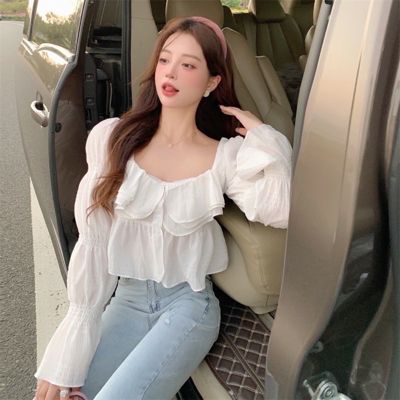 [Ảnh thật/Video] Áo croptop Zingxu thiết kế bèo tầng bồng bểnh tiểu thư dài tay