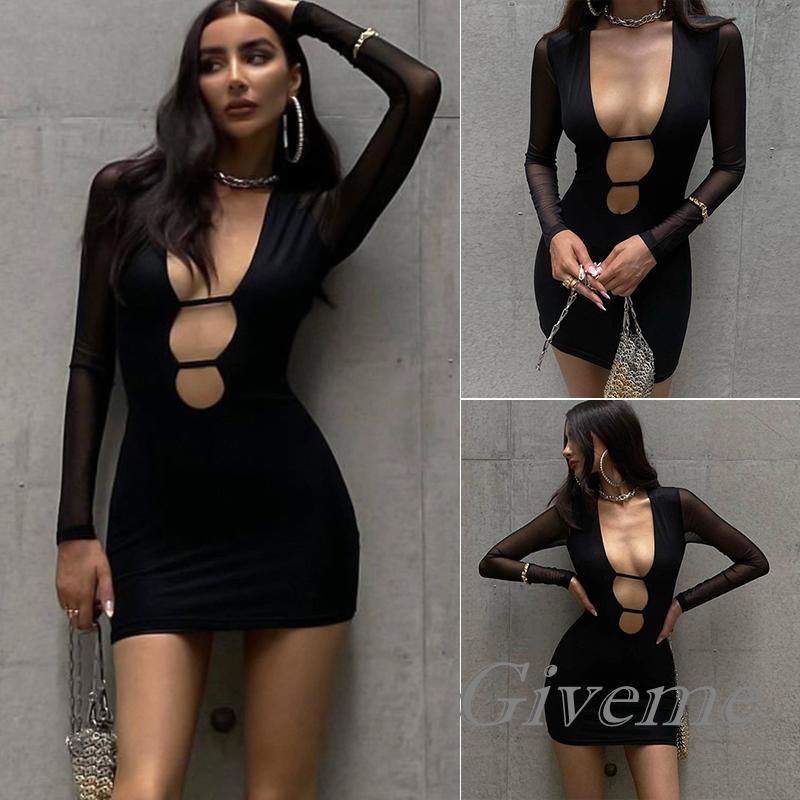 Đầm Body Tay Dài Cổ Chữ V Khoét Sâu Màu Sắc Thanh Lịch Cho Nữ