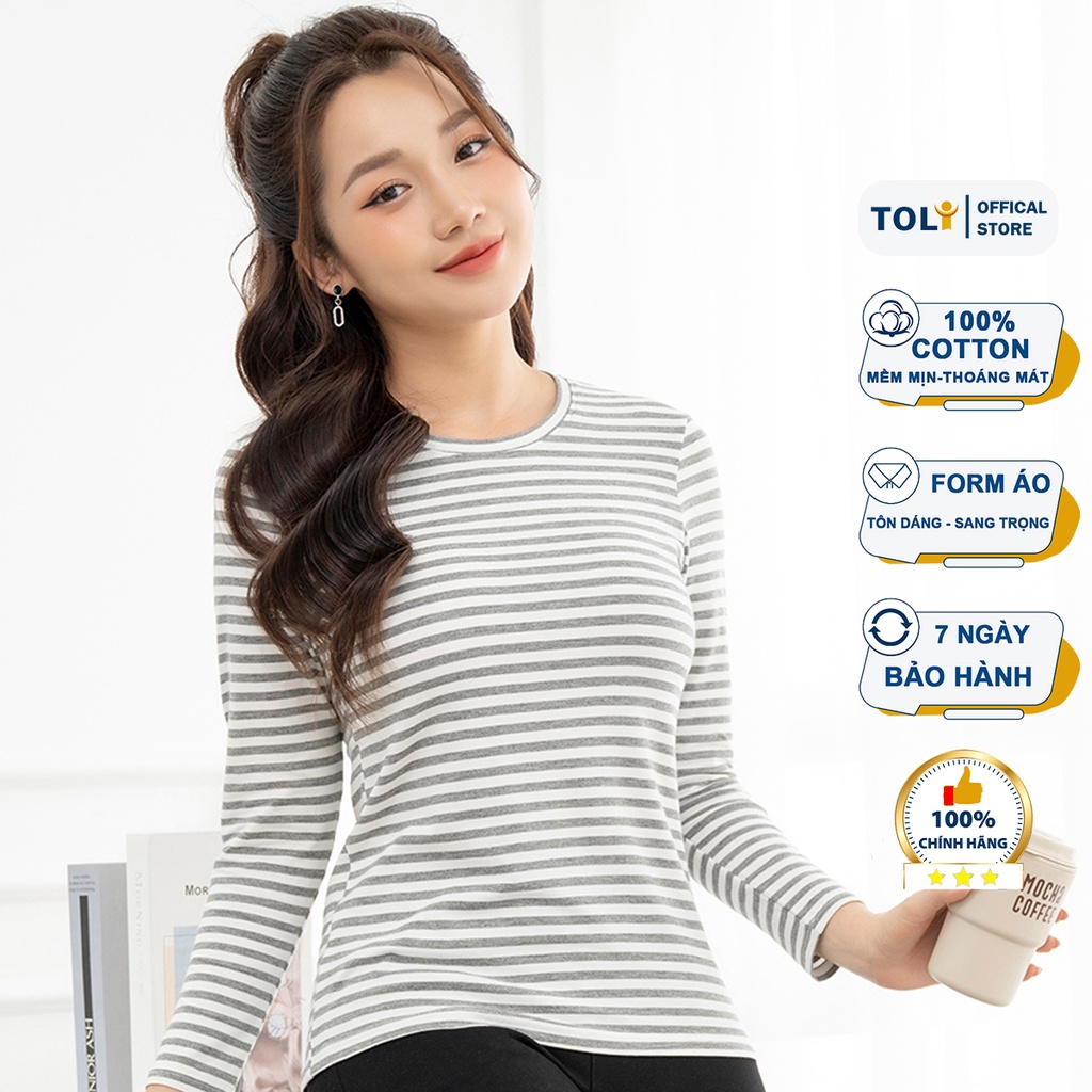 Áo thun tay dài nữ TOLI cổ tròn dáng ôm vừa, màu sọc , vải cotton mềm mịn, co dãn 4 chiều cao cấp [LH32]