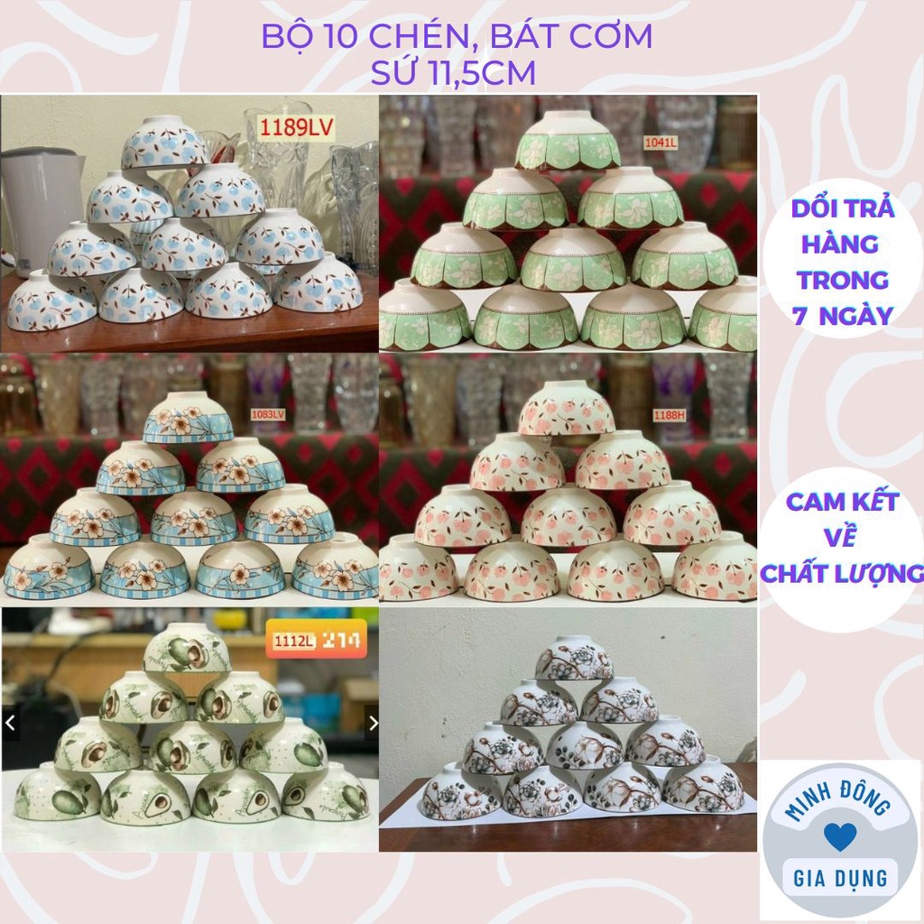 Bộ 10 chén, bát cơm sứ 11,5cm bông phong cách Hàn Quốc Cao Cấp