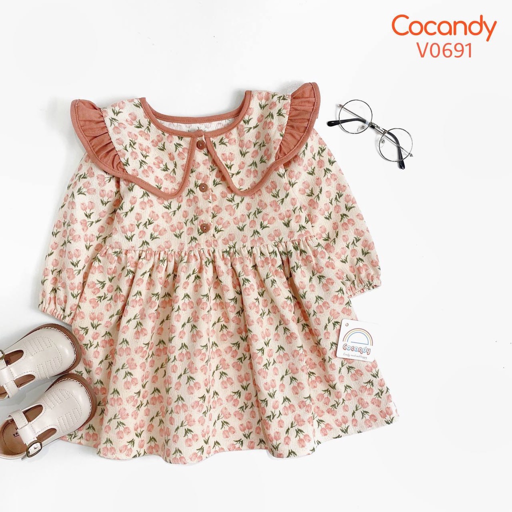 Váy cho bé -Váy dài nhung BE phối hoa tulip HỒNG cho bé của COCANDY mã V0691
