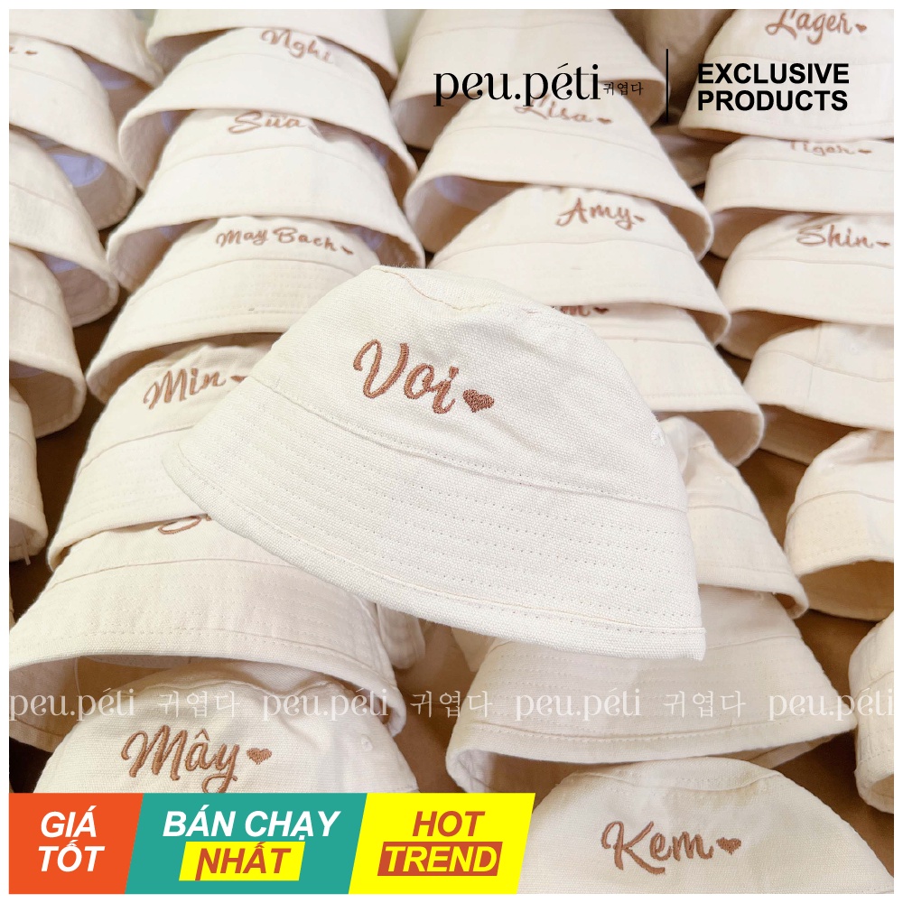 Mũ Bucket thêu tên bé phong cách Hàn 4 màu lựa chọn - peu.péti