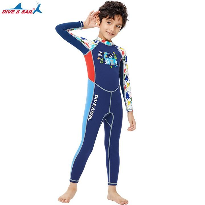Đồ bơi bé trai, giữ nhiệt, liền thân tay dài quần dài chống nắng, chất liệu Cao su neoprene dày 2mm size từ 14kg - 36kg