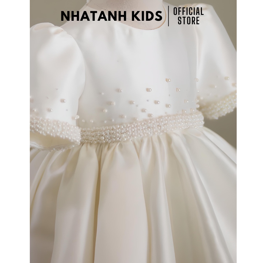 Đầm công chúa bé gái NHATANH KIDS tay viền ngọc màu trắng cho bé từ 0-12 tuổi NA19
