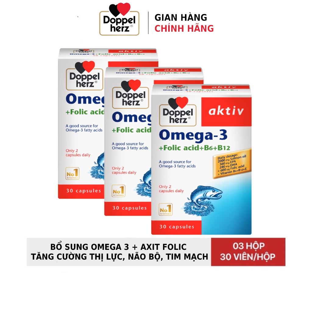 Combo 03 hộp viên uống dầu cá tăng cường thị lực, tim mạch, não bộ Doppelherz Omega 3 + Folic acid + B6 + B12 (Hộp 30v)