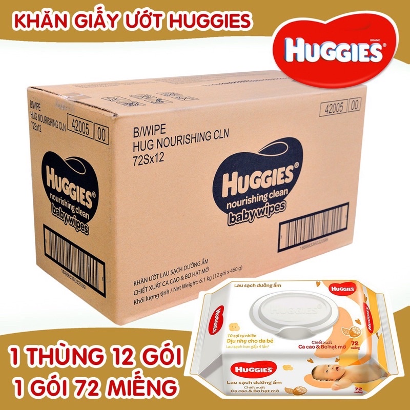 Thùng 12 gói khăn ướt Huggies 64 tờ loại không mùi - 72 tờ ca cao, bơ lạc