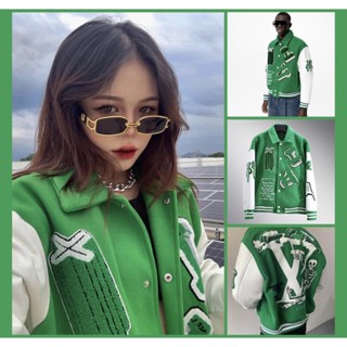 [ Add mã MG20 để giảm 20k  ] Áo khoác bóng chày LV xanh - Bomber varsity dạ phối tay da trần bông