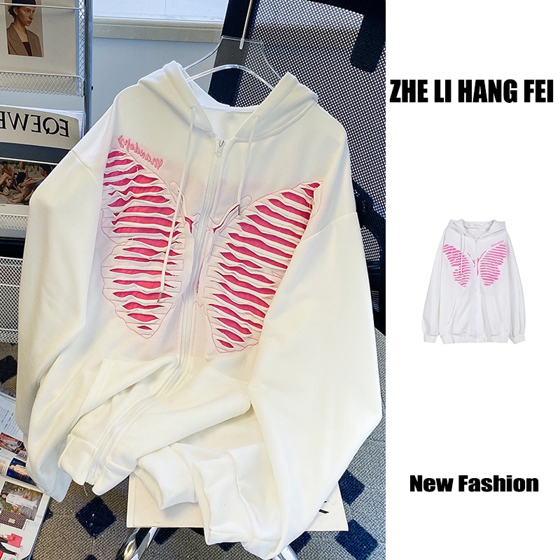 Áo khoác ZHELIHANGFEI có mũ trùm đầu họa tiết bướm phối khóa kéo thời trang dành cho nữ