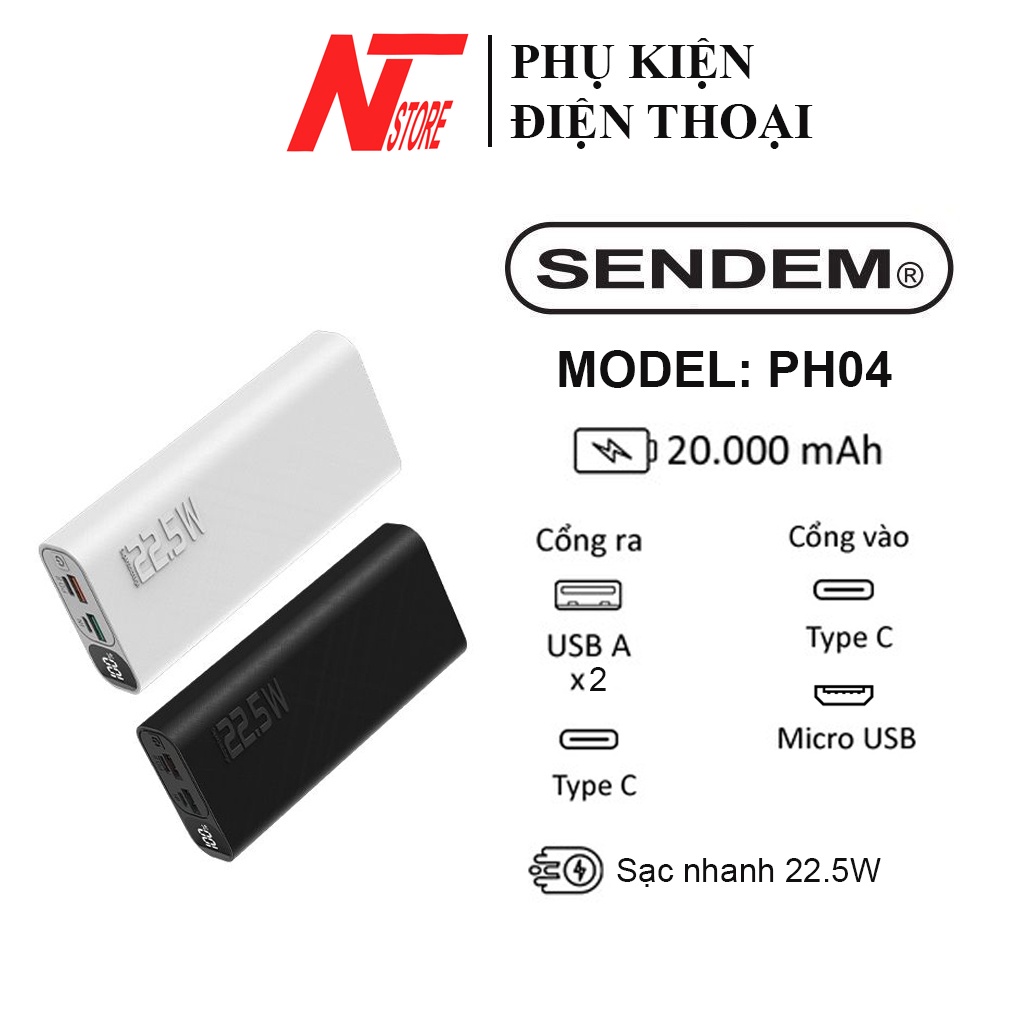 Pin sạc dự phòng SENDEM PH03/PH04 10000/20000mah sạc nhanh PD22.5W Hàng chính hãng, bảo hành 12 tháng