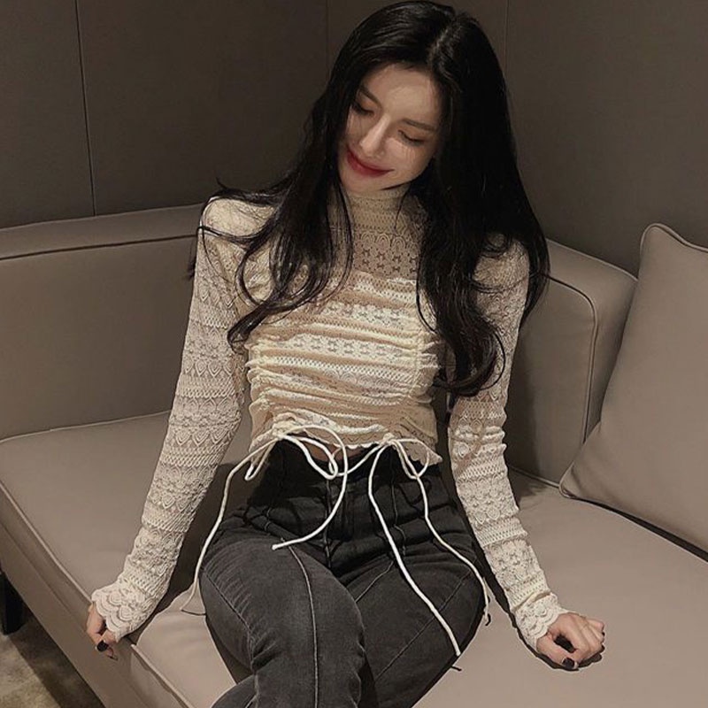 Áo thun XINLANYASHE tay dài cổ lọ phối ren thời trang cho nữ