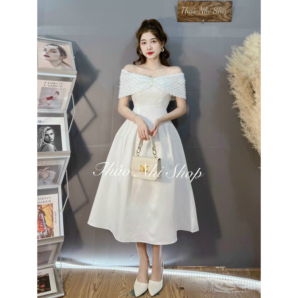 Đầm nữ thời trang mặc đi tiệc chất Tapta trễ vai phối xô váy xoè xếp ly đi tiệc sang chảnh