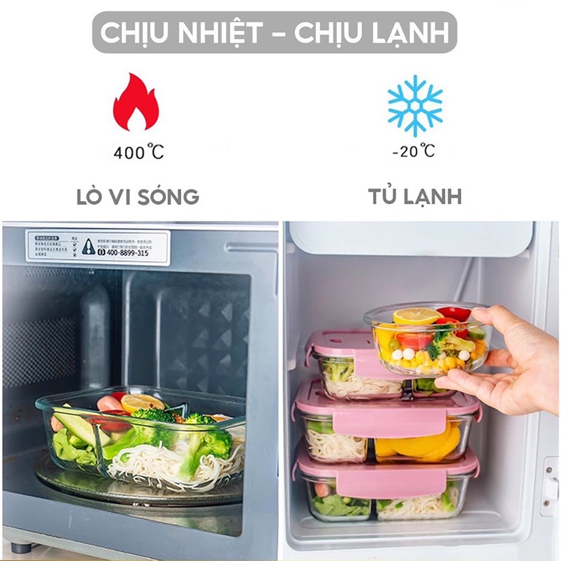 Hộp đựng cơm văn phòng Lovida bằng thủy tinh 1000ml chia ngăn chống tràn dùng cho lò vi sóng