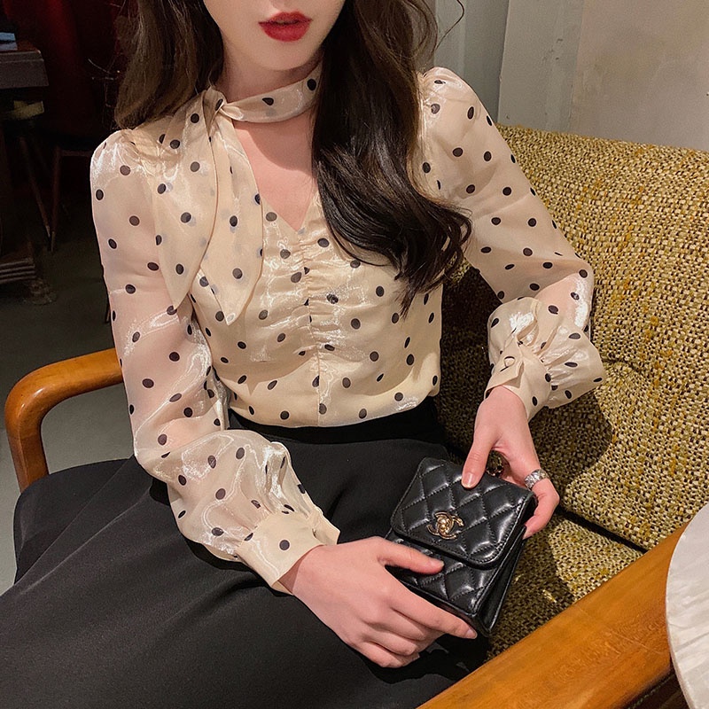Áo Sơ Mi Chiffon Họa Tiết Chấm Bi Phong Cách Hàn Quốc Ngọt Ngào Thời Trang Mùa Xuân Hè Cho Nữ CF1 WW
