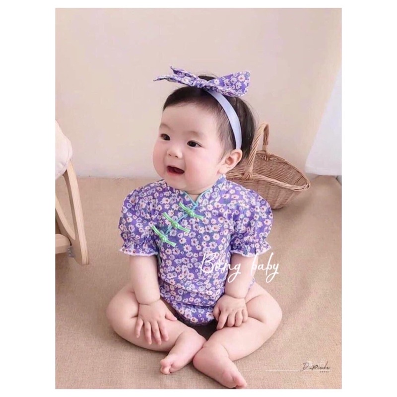Body Sườn Xám Trung Hoa bé gái siêu xinh kèm băng đô nơ