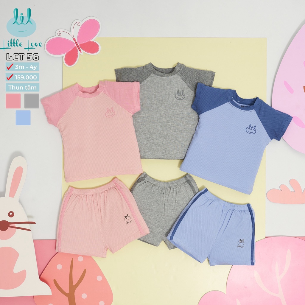 Bộ quần áo cộc tay vải tăm zaclang phối màu cho bé gái và bé trai từ 3m đến 24m little love (Lct56)
