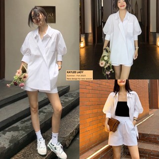 Sơmi Trắng Tay Bồng Nhẹ Vạt Lệch Style Hàn Màu Basic Kaylee