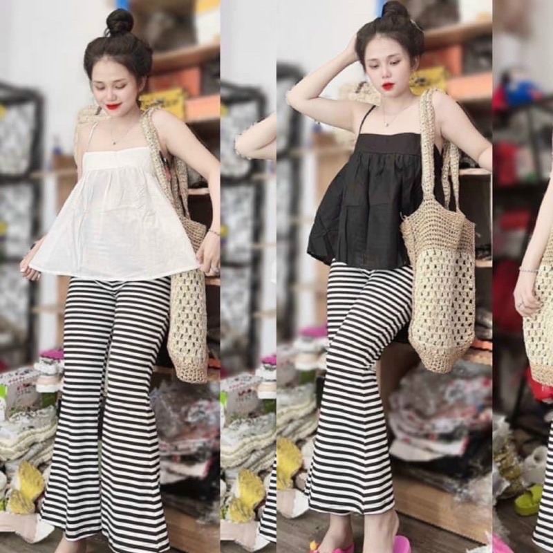 Set Bộ Áo Dây Babidoll Thắt Nơ Lưng Kèm Quần Dài Loe