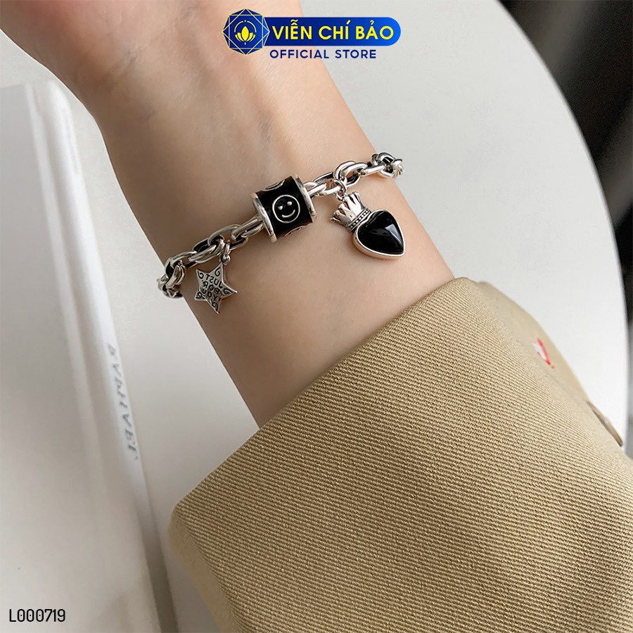 Lắc tay bạc nữ trái tim đen charm sao mặt cười chất liệu bạc Thái 925 thời trang phụ kiện trang sức Viễn Chí Bảo L000719
