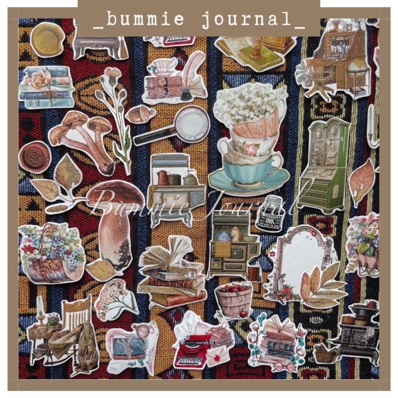 Set 52 sticker hình đồ vật phong cách vintage trang trí sổ journal, junk journal, scrapbook