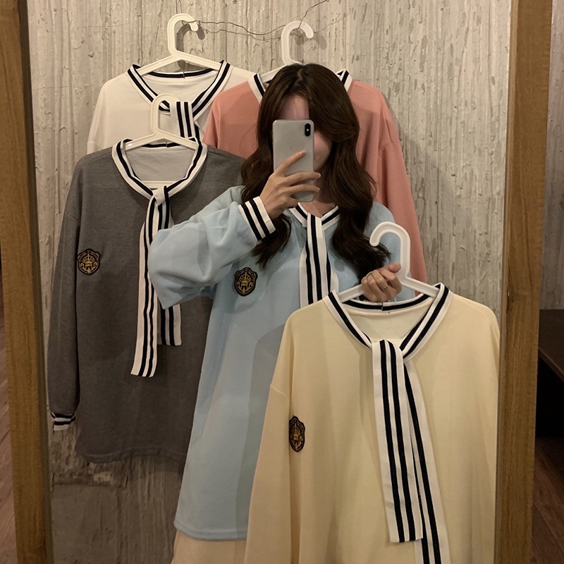 Áo Nỉ Dài Trung Bình Dáng Rộng Thắt Cà Vạt Phong Cách Đại Học Mùa Thu