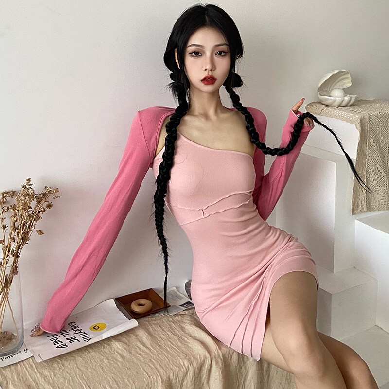 Set Đầm Ôm Trễ Vai + Áo Khoác Cardigan Dài Tay Thời Trang Nữ